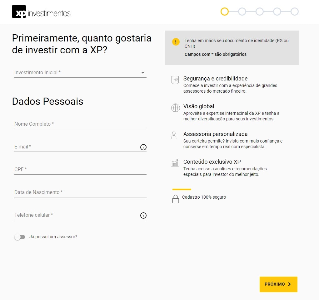 O primeiro passo para abrir conta na XP é para inserir os seus dados pessoais.