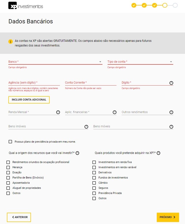 No quarto passo, insira os seus dados bancários para continuar o cadastro.