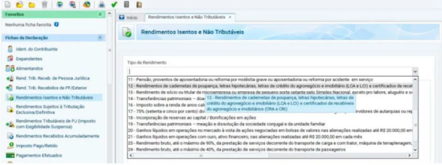 Print da tela com os códigos 26 “outros” e 20 “Ganhos líquidos em operações no mercado à vista de ações negociadas em bolsa de valores nas alienações realizadas até́ R$ 20.000,00, em cada mês, para o conjunto de ações”.