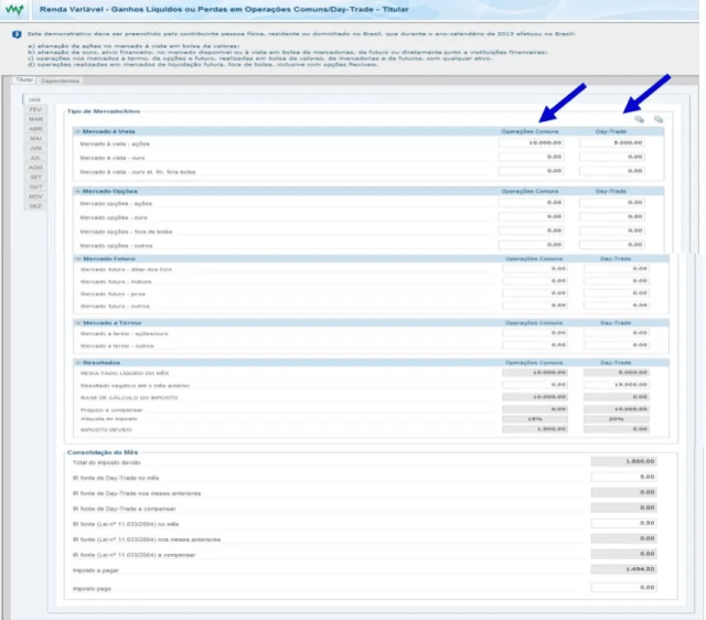 Print da tela do programa de declaração do IRPF na ficha “Renda Variável – Operações Comuns/ Day – Trade”