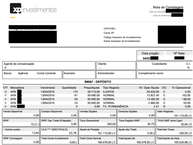 Nota de corretagem da XP usada para calcular IR sobre day trade