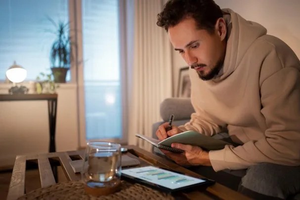 Homem fazendo anotações em um caderno enquanto observa gráficos em um tablet sobre a mesa, estudando o tripé dos investimentos antes de escolher um investimento.