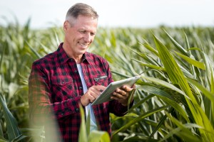 Homem mexendo em um tablet. Ele está no meio de uma plantação, provavelmente investimento em uma LCA.