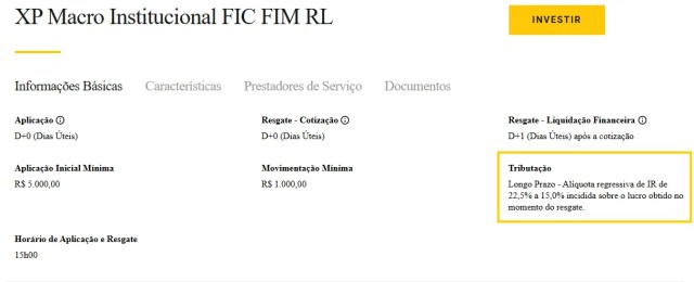 Página do fundo “XP Macro Institucional FIC FIM RL” com aba de informações básicas e quadro destacado de tributação em fundos de investimento, informando alíquota regressiva de IR de 22,5% a 15% no resgate.