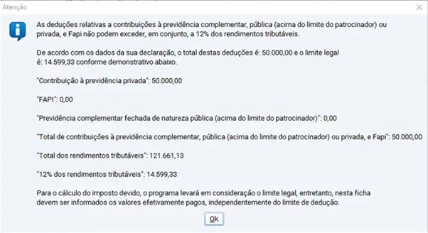 Janela de aviso do programa da declaração informando o limite de 12% dos rendimentos tributáveis para deduções com previdência complementar privada ou pública e Fapi, com detalhamento dos valores declarados e do limite legal.