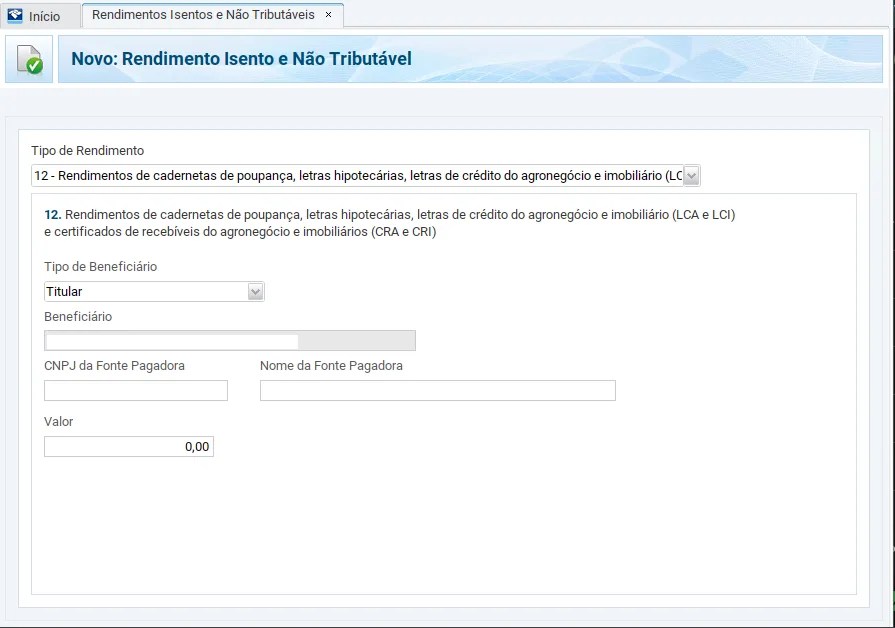 print da tela de Rendimentos Isentos e não tributáveis de declaração de rendimentos isentos