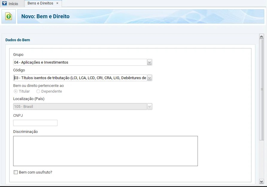 print da tela de Bens e Direitos com a opção de declaração de Investimentos isentos, como LCI