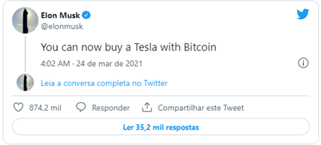 Captura de imagem do Tweet do Elon Musk, CEO da Tesla, sobre o Bitcoin.