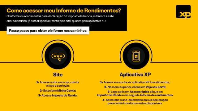 Instruções detalhadas sobre como acessar o Informe de Rendimentos para declaração de Imposto de Renda através do site e aplicativo da XP Investimentos.