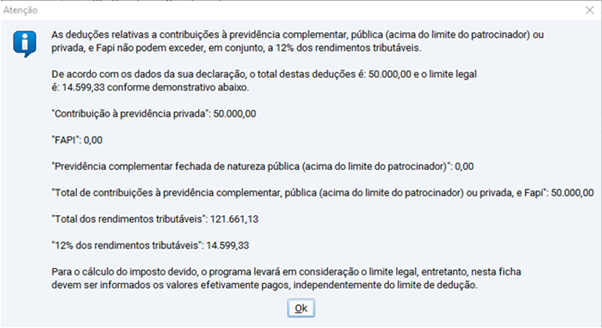 Print de mensagem exemplo sobre desconsideração de dedução da base de cálculo do IR se exceder 12%.