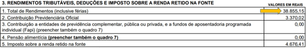 Print exemplo do Quadro 3 (Rendimentos Tributáveis, Deduções e Imposto sobre a Renda retido na fonte), Linha 1 (Total de Rendimentos, inclusive férias), presente no informe de rendimentos.