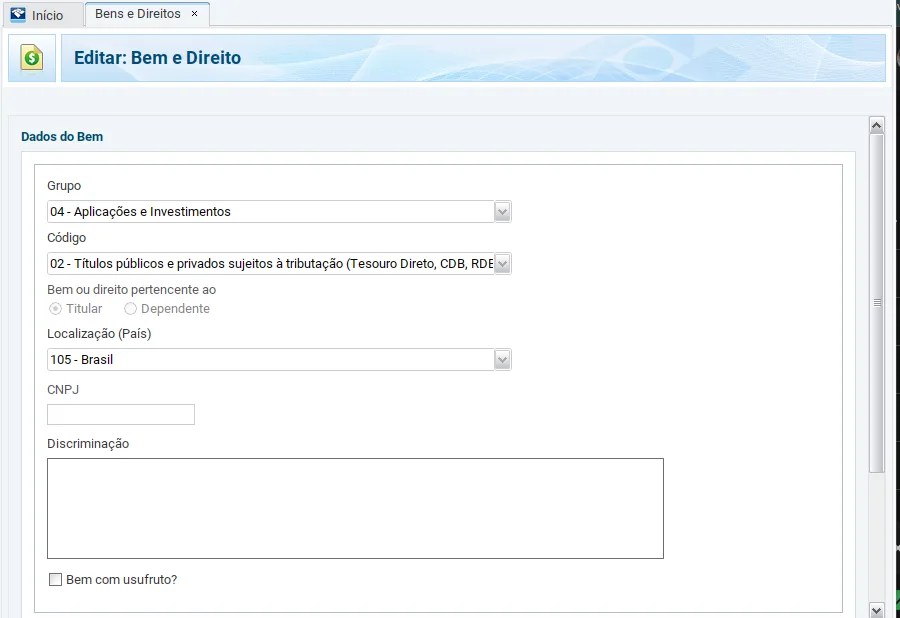print da tela de Bens e Direitos com a opção de declaração para Bonds.