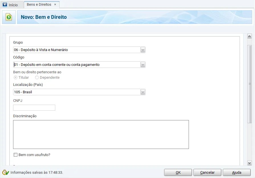 print da tela de Bens e Direitos com a opção de declaração de conta no exterior.