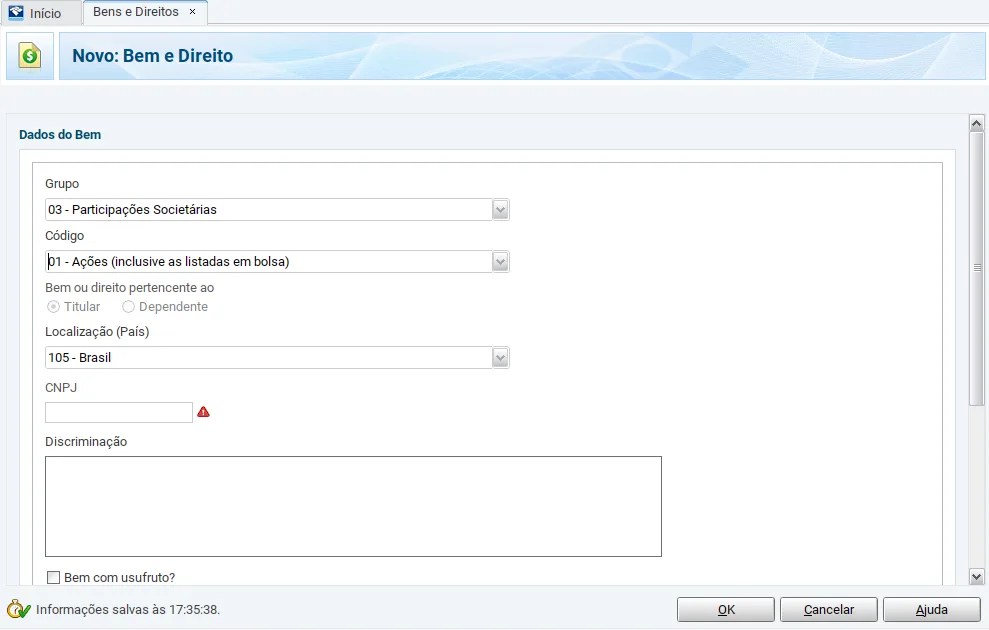 print da tela de Bens e Direitos com a opção de declaração para participações societárias, incluindo ações.
