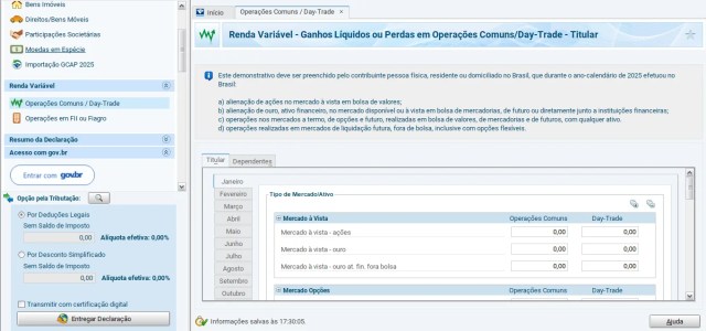 print da tela de Renda variável para operações comuns e day trade.