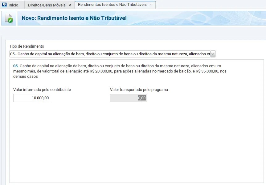 print da tela de Rendimentos Isentos e Não Tributáveis de declaração para rendimentos indicando que se trata de venda de criptoativos isenta pela faixa de R$ 35 mil.