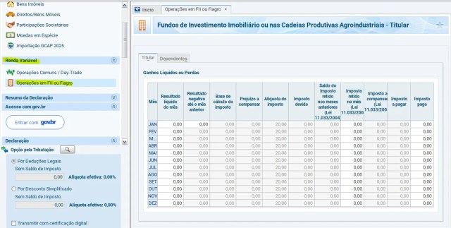 print da tela de Renda variável para operações e compra e venda de FIIs.