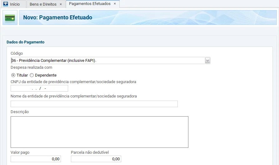print da tela de Pagamentos efetuados com a opção de declarar resgate no regime regressivo.