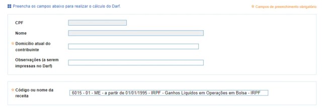 Tela do site da sicalc com formulário para cálculo e emissão de darf, exibindo campos como CPF, nome, domicílio do contribuinte, observações e código/nome da receita