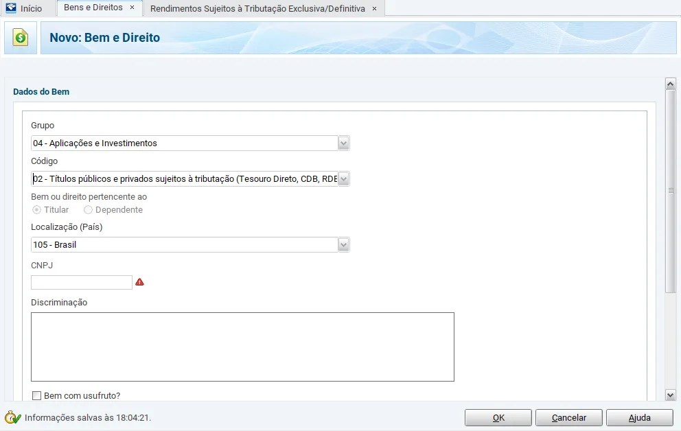 print da tela de Bens e Direitos com a opção de declaração para COE.
