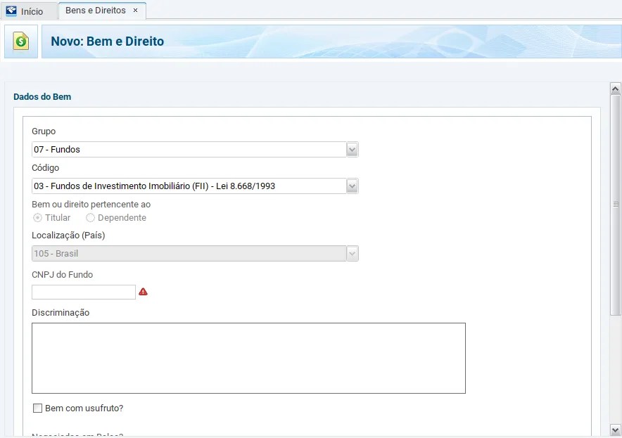 print da tela de Bens e Direitos com a opção de declaração para Fiis - código 03.