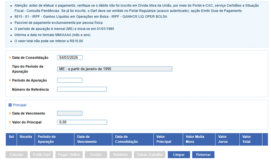 Página do Sicalc com instruções para pagamento e campos de preenchimento do DARF (data de consolidação, tipo e período de apuração, vencimento e valor principal), além de botões como “Calcular”, “Emitir Darf” e “Pagar Online”.