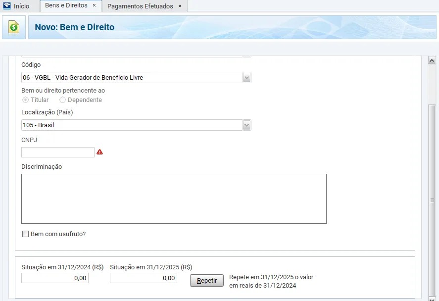 print da tela de Bens e Direitos com a opção de declaração para VGBL.