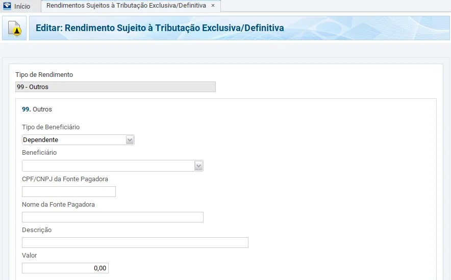 print da tela de Rendimentos Sujeitos à Tributação Exclusiva/Definitiva para a declaração de resgate