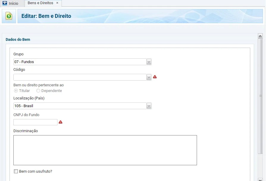 print da tela de Bens e Direitos com a opção de declaração para Fundos.