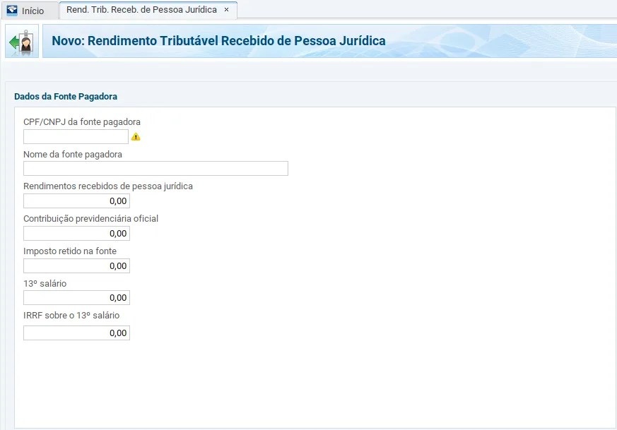print da tela de Rendimentos Tributáveis Recebidos de Pessoa Jurídica para a declaração de resgate no regime progressivo