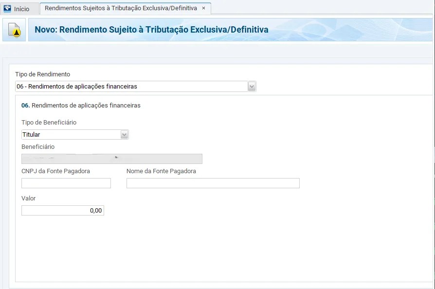 print da tela de Rendimentos Sujeitos à Tributação Exclusiva/Definitiva de declaração para rendimentos de aplicação financeira.