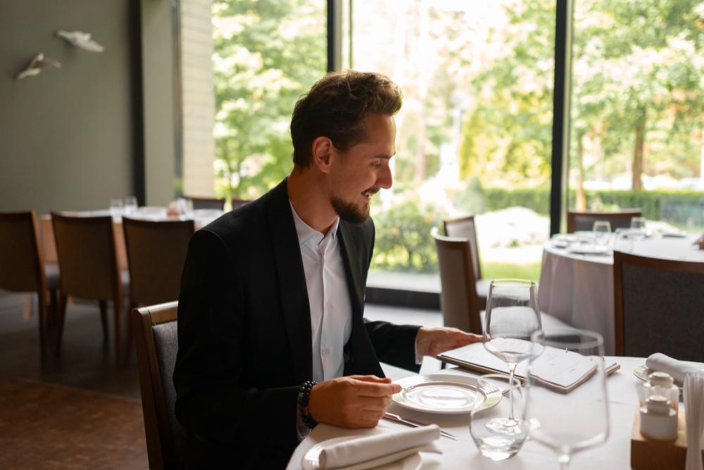 Homem sentado à mesa de um restaurante, sorrindo enquanto acompanha cardápio, aproveitando as vantagens do serviço de concierge.