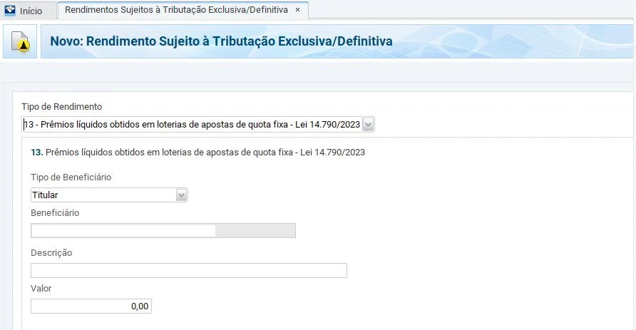 print da tela de Rendimentos Sujeitos à Tributação Exclusiva/Definitiva de declaração para apostas esportivas acima do limite estabelecido