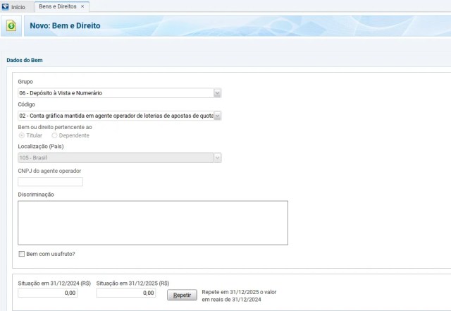 print da tela de Bens e Direitos com a opção de declaração para apostas esportivas